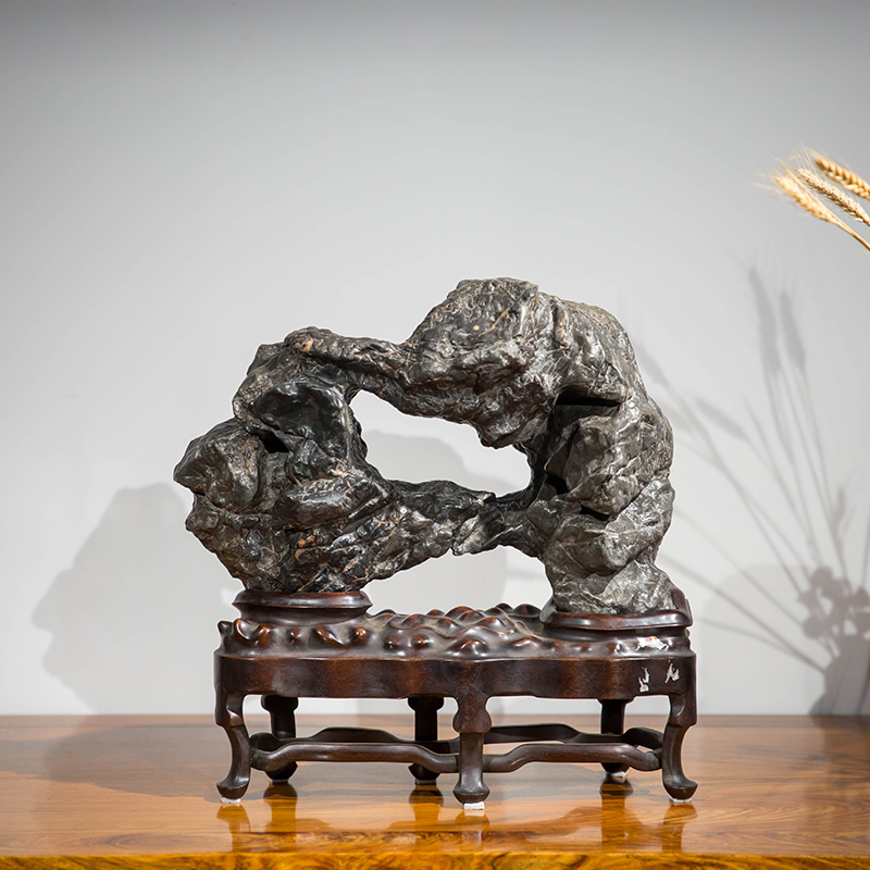 清代灵璧石横云文房赏石(红木座)古玩古董收藏真品老物件奇石——金陵