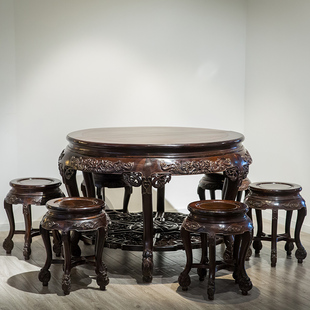 清代红木雕龙纹大圆桌圆凳成套一桌六凳明清古典老家具古董收藏