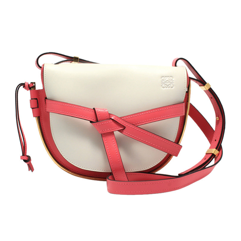 loewe/罗意威gate系列女士粉红色白色小牛皮可调节翻盖单肩斜挎包