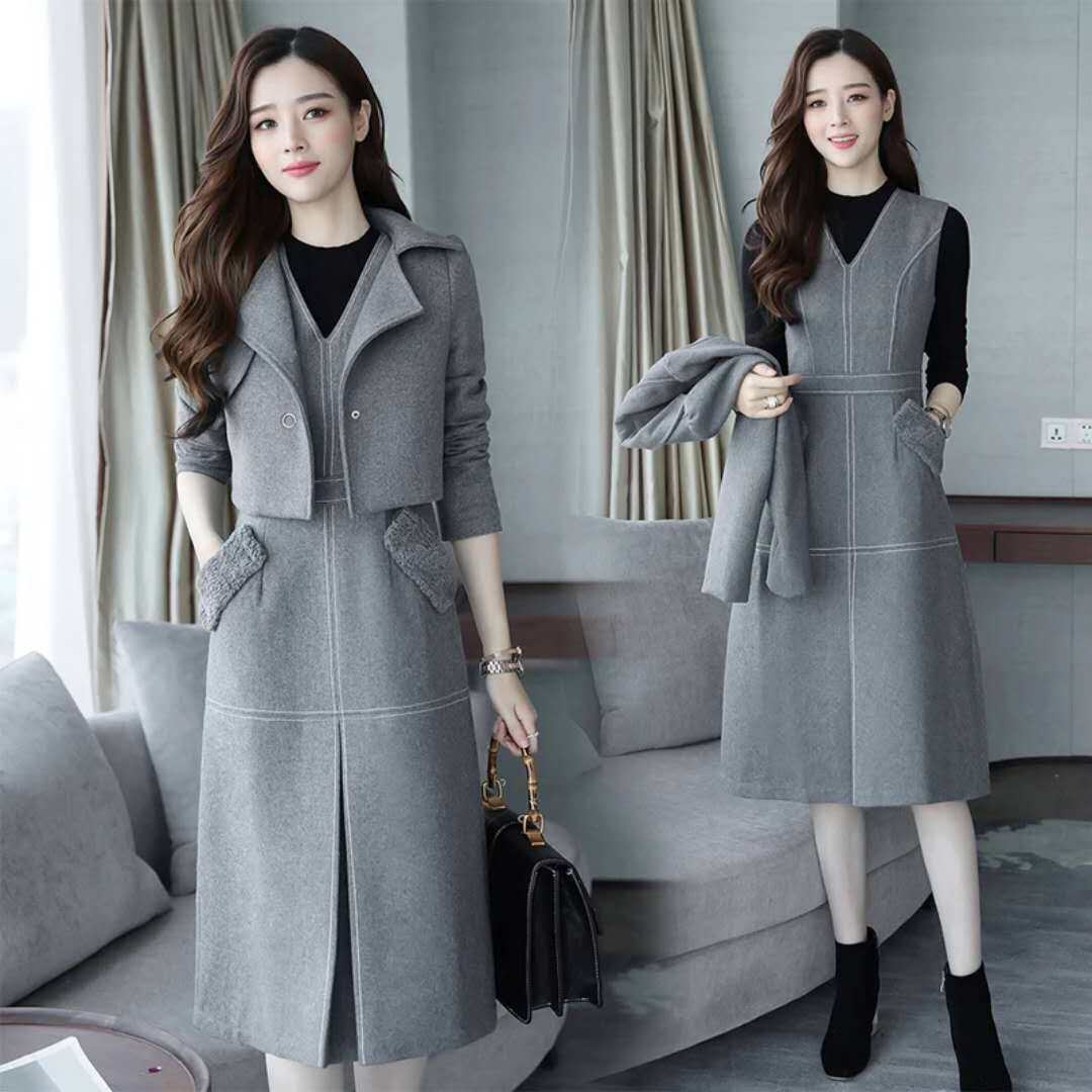 2022秋装新款初秋冷系女装毛呢连衣裙早秋套装裙子秋冬时尚两件套