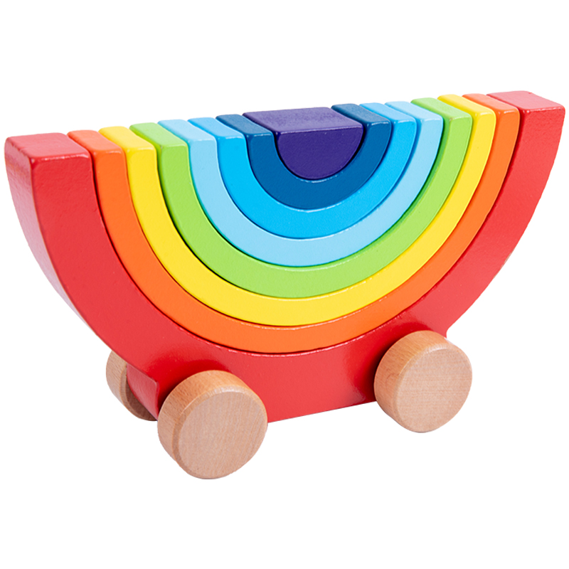 彩虹积木推车趣味拼搭儿童叠叠乐宝宝益智玩具亲子互动木制摆件