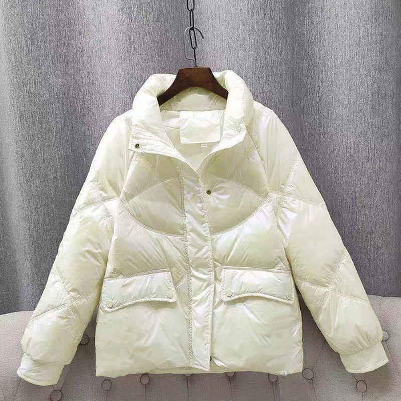 白色亮面羽绒服女短款冬季2021立领款90白鸭绒加厚爆款小个子外套