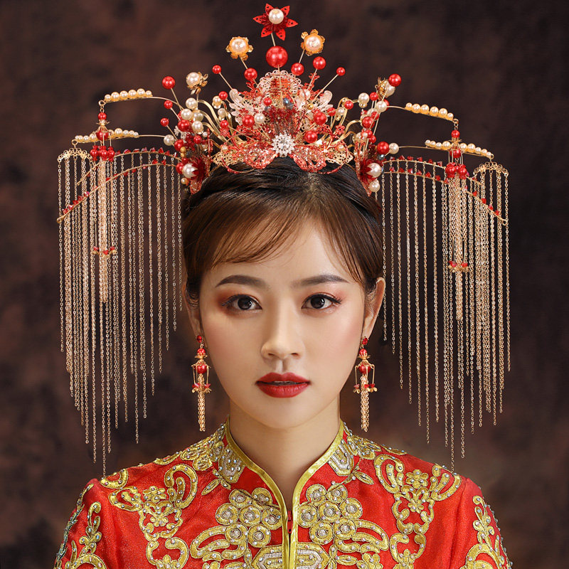 秀禾头饰新娘2021新款古装凤冠中式大气步摇红色显脸小秀禾服发饰