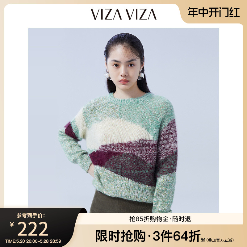 【商场同款】VIZA VIZA 冬季新款通勤气质温柔撞色圆领针织衫