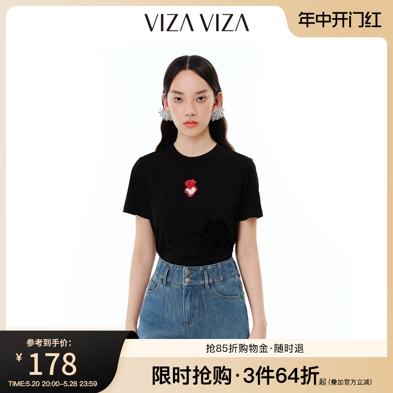 【商场同款】VIZA VIZA 2024年夏季新款通勤风百搭印花短袖T恤女