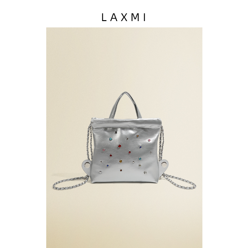 LAXMI银色宝石双肩包小号背包女2023新款包包韩版时尚小众单肩包