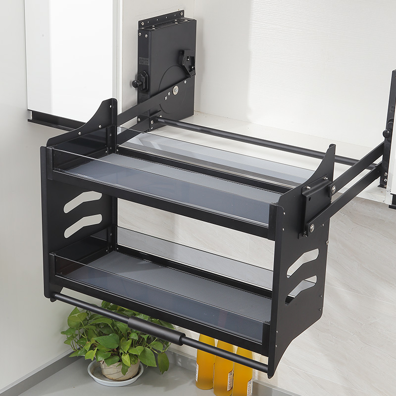 吊柜升降拉篮厨房橱柜不锈钢双层升降下拉式拉篮铝合金调味篮阻尼