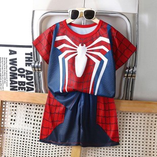 男童超凡蜘蛛侠短袖套装超人T恤夏季两件套儿童奥特曼速干衣服潮