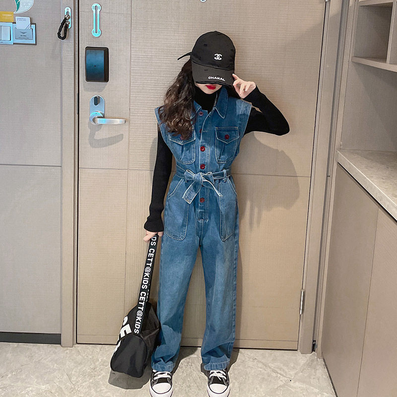女童牛仔连体裤套装春秋2023新款洋气儿童春装裤子中大童女孩衣服