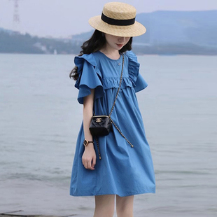 夏季2024新款海边度假娃娃裙子法式小个子蓝色荷叶边连衣裙女