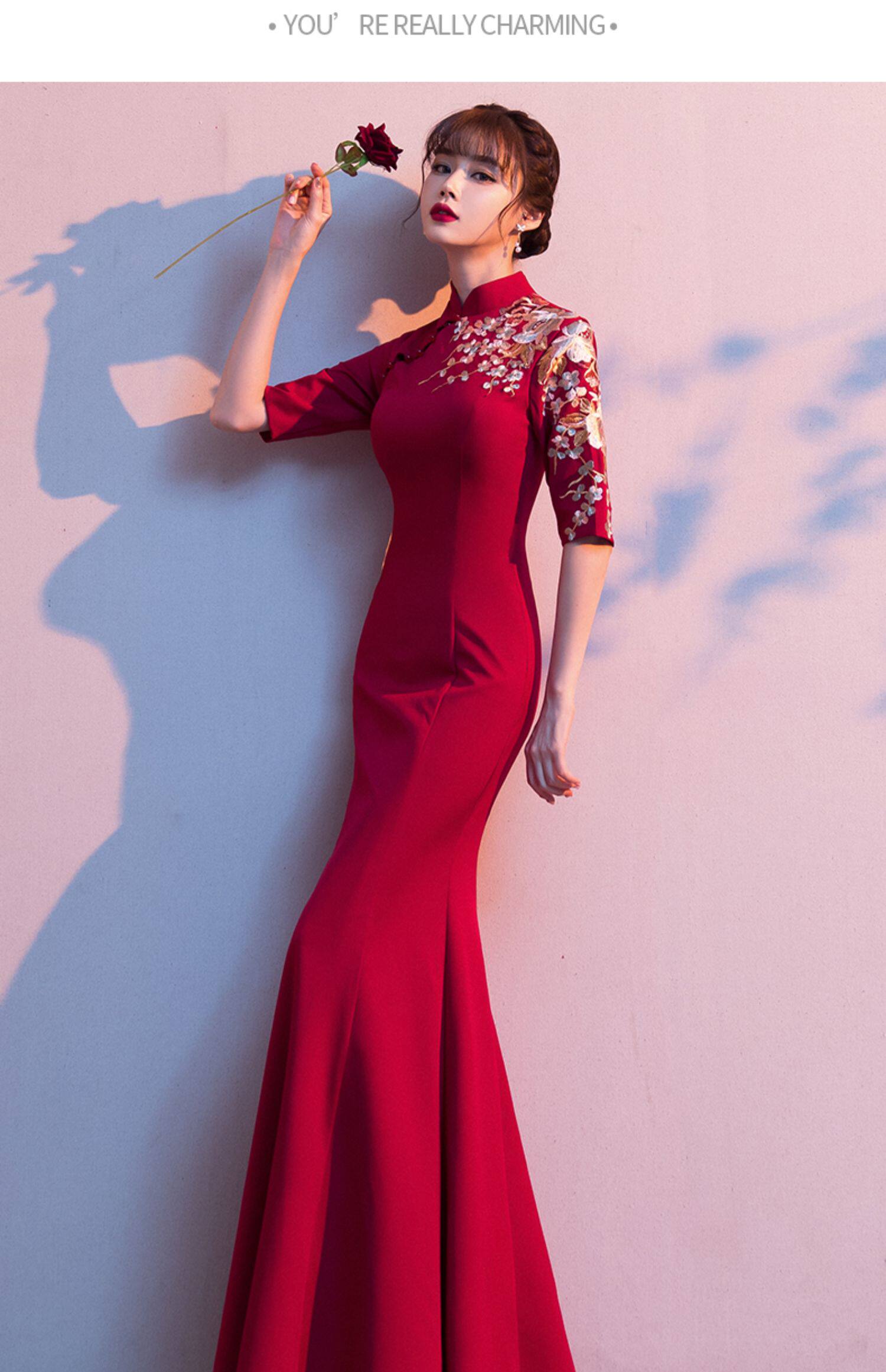 红色新娘敬酒服中式改良版旗袍i立领斜襟绣花修身包臀鱼t尾礼服端