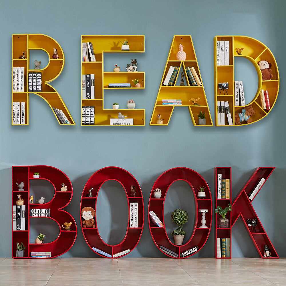创意艺术字母数字书架儿童学校置物架墙上壁挂书柜公司logo展示架