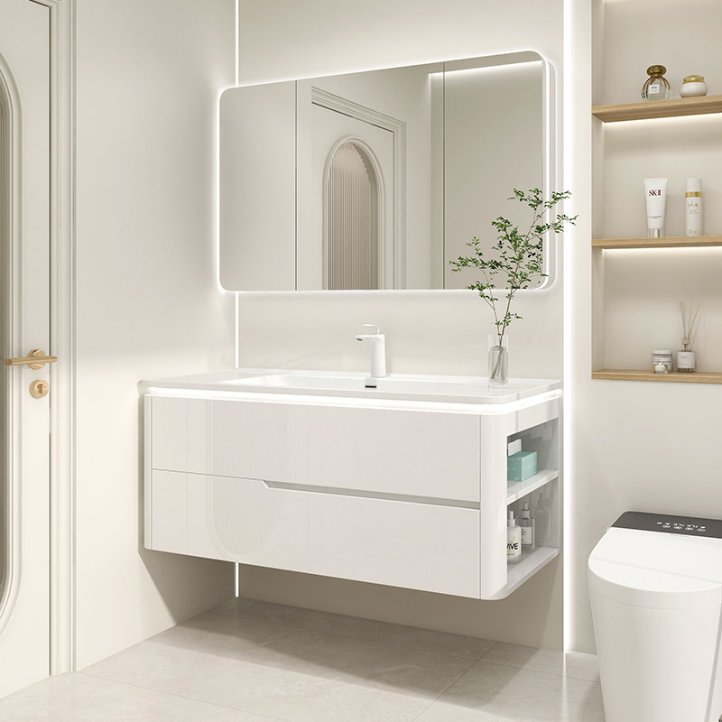 橡木圆弧陶瓷一体盆浴室柜组合智能实木洗漱台洗手盆洗脸盆卫浴柜