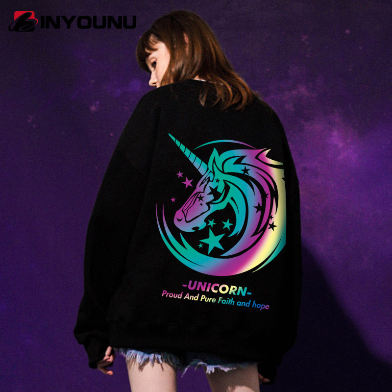 独角兽反光卫衣七彩夜光高街潮牌2021秋季新款宽松纯棉情侣装ins