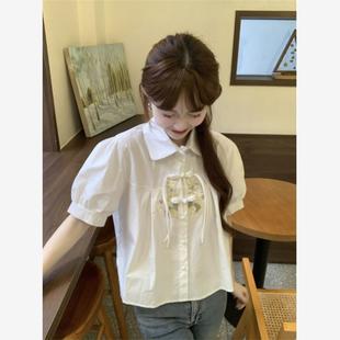 新中式泡泡袖白色短袖衬衫夏季大码女装胖mm国风盘扣小衫减龄上衣