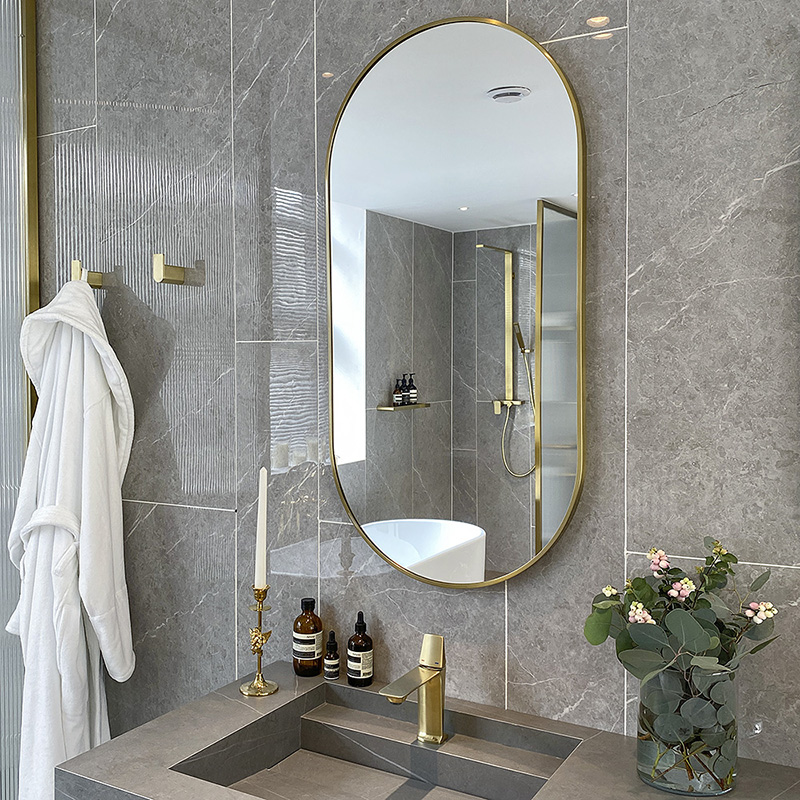 munmu 北欧浴室镜黄铜色卫生间客厅挂墙不锈钢防雾带灯椭圆超白镜