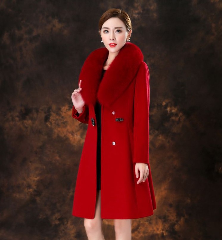 品质高端狐狸毛领羊毛大衣中长款修身显瘦大码红色羊毛呢外套