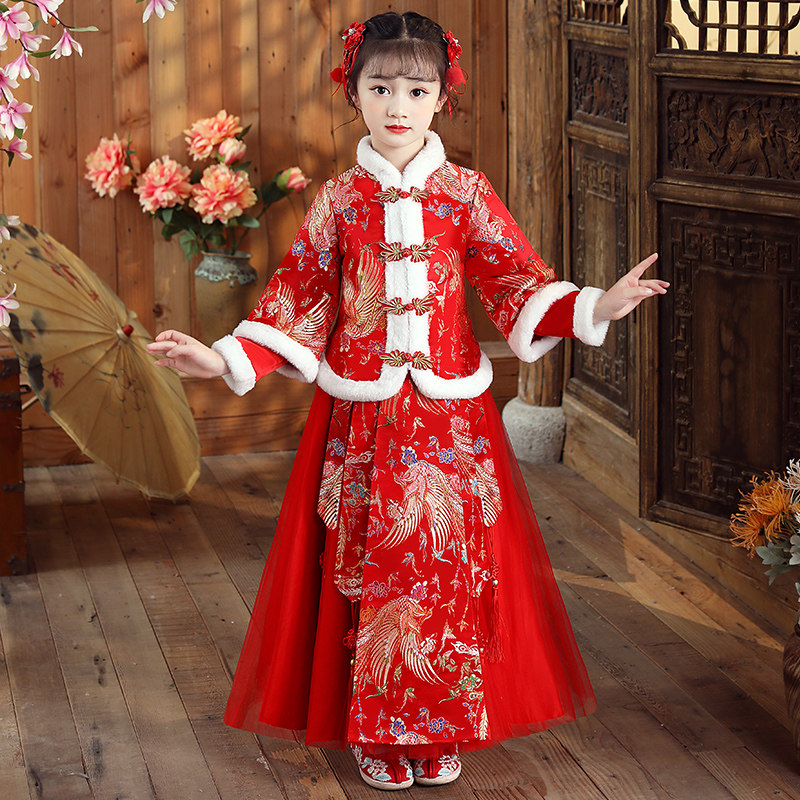 汉服女童冬装过年中国风红色拜年服儿童新年古装加绒加厚喜庆唐装