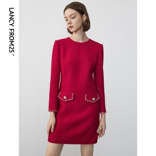朗姿羊毛法式小香风连衣裙2023秋冬新款红色高级感气质显瘦轻礼服