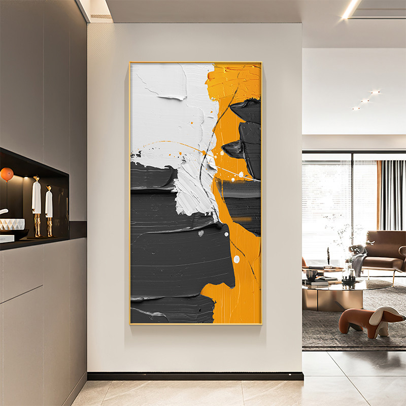 现代简约玄关装饰画竖版抽象进门走廊尽头壁画过道轻奢风橙色挂画