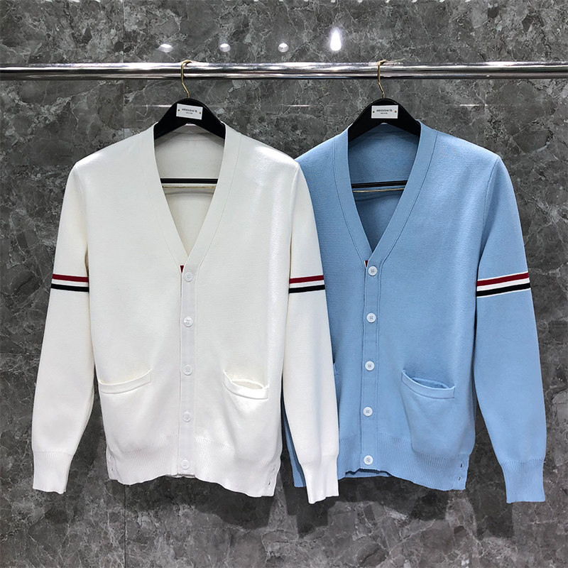 tb针织开衫男女情侣款色织双袖织带5扣开衫毛衣宽松v领外套上衣潮