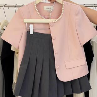 夏季西装女薄款女装2024新款小个子洋气减龄上衣重工钉珠粉色外套
