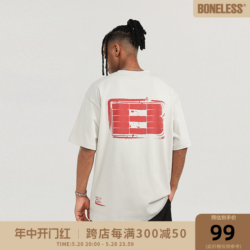 BONELESS印章logo印花短袖T恤男美式休闲夏季复古宽松圆领上衣