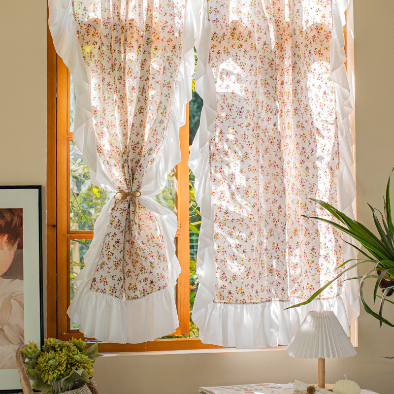 复古公主风半遮光荷叶边网红小碎花布帘美式乡村田园半截小窗帘