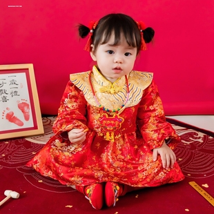 婴儿衣服春秋红色连衣裙一周岁女宝礼服连体衣公主抓周百岁宴套装