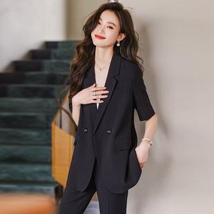 短袖小西装套装女夏季薄款2024新款高级感职业装休闲黑色西服外套