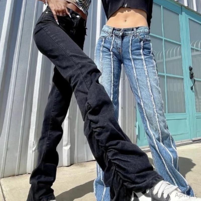 女装抽褶微喇拖地裤辣妹直筒牛仔裤Women fashion pleated jeans