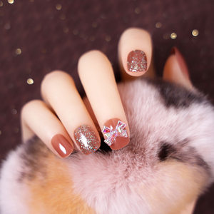 新款穿戴美甲夏季甲片成品网红短款光疗闪粉西柚色蝴蝶假指甲贴片