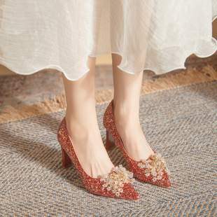 单鞋秀禾服婚鞋女2024年优雅高级感法式粗跟中式新娘鞋红色高跟鞋