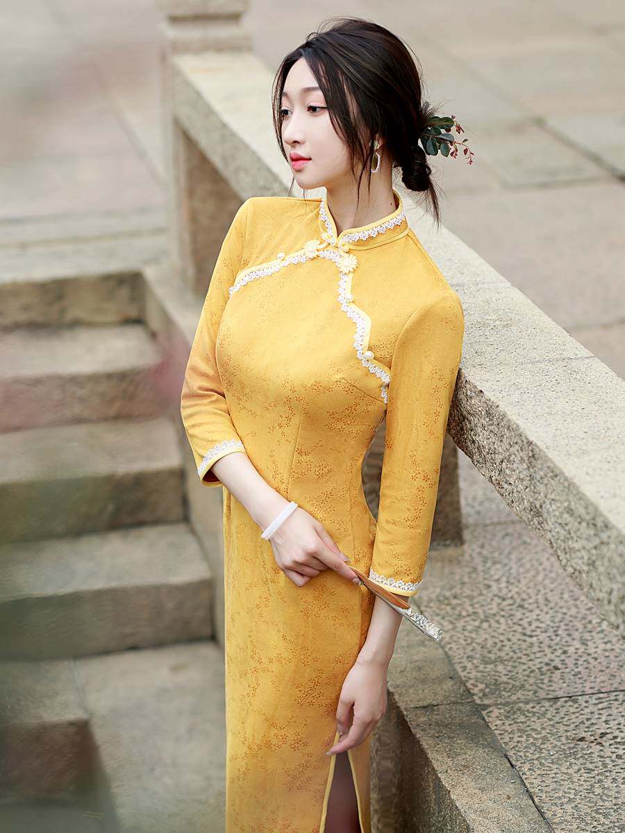 年轻款复古民国风麂皮绒旗袍2022年秋季新款改良长袖中国风淑女范