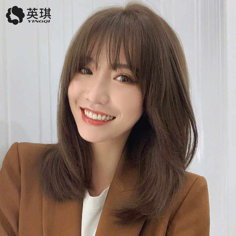 高档英琪假发女中长发空气刘海层次网红圆脸真发锁骨发头套