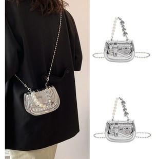 珍珠链条小包包女2024新款潮夏季流行迷你银色质感小众斜挎包