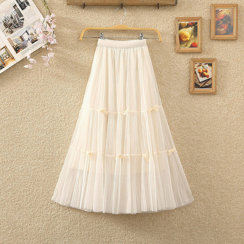 夏季新款松紧腰显瘦蝴蝶结拼接网纱长裙百褶蛋糕裙中长款半身裙女