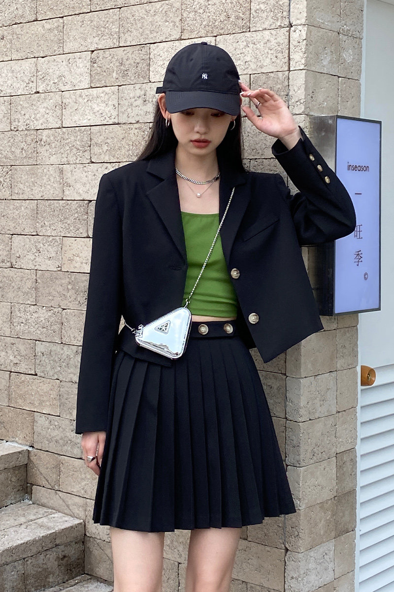 黑色高腰百褶裙套装早秋新款2021两件套复古学院风小个子西装外套