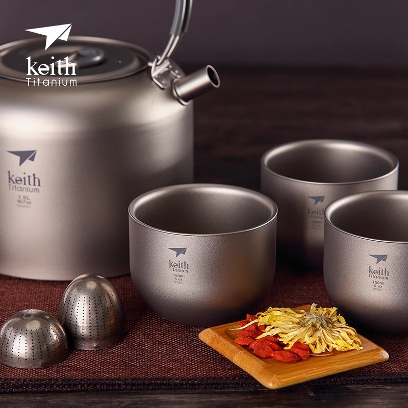 keith铠斯纯钛功夫茶具套装双层茶杯家居出行便携现代简约钛茶具