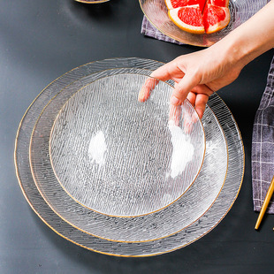 日式横纹金边玻璃盘家用餐具套装水果盘子甜品沙拉碗餐盘碟子精致