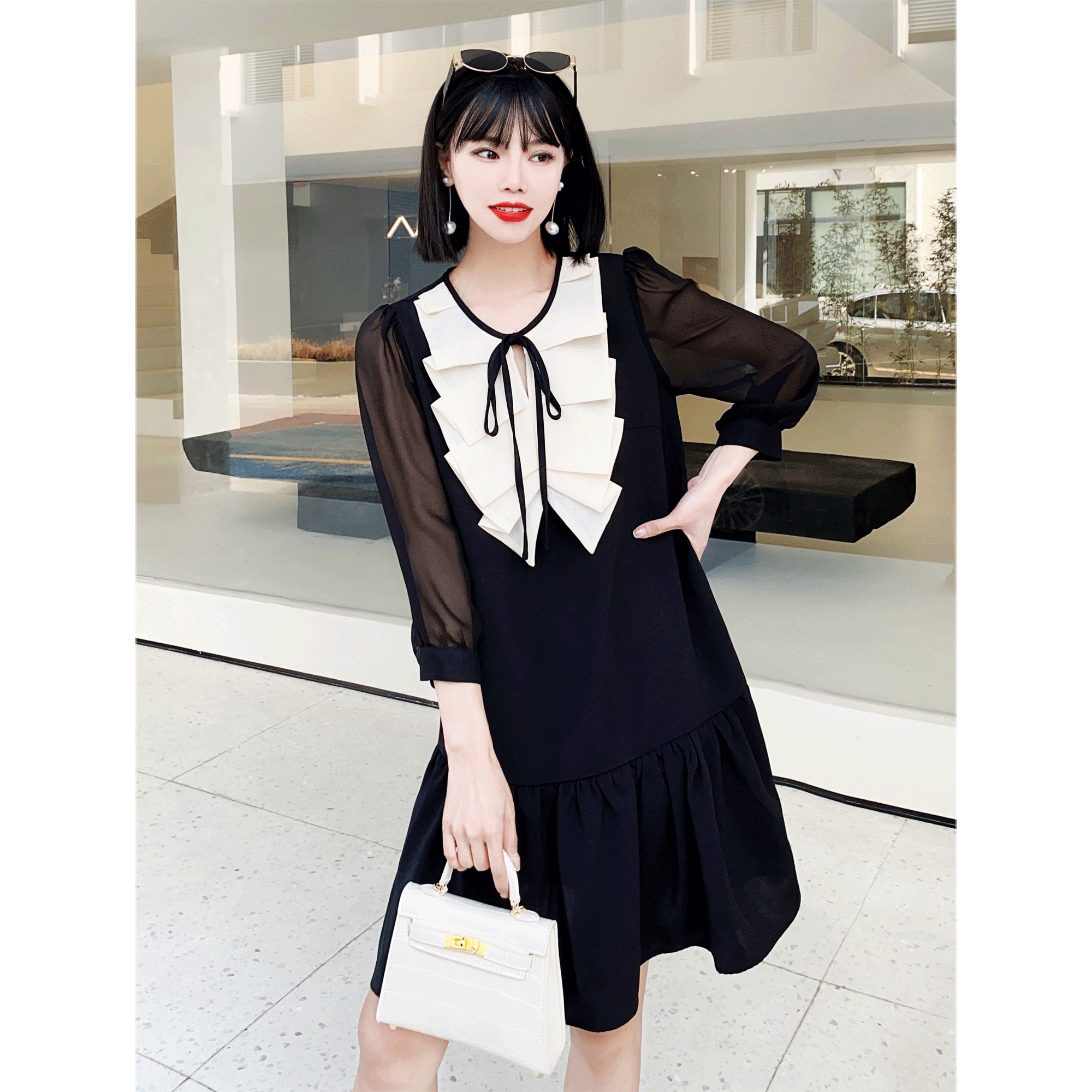 欧洲站春款女装2022年新款荷叶边时尚拼接圆领雪纺长袖减龄连衣裙