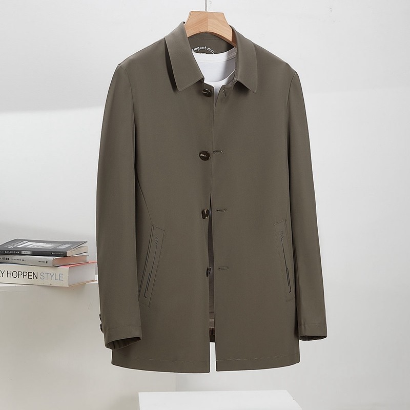 中长款外套男卡其色翻领高级感商务男装中青年上衣休闲男士风衣