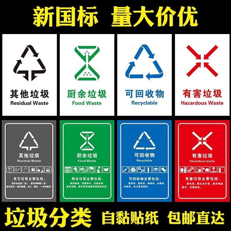 新国标版垃圾分类贴纸标识贴北京厨余可回收垃圾桶防水环保标签贴