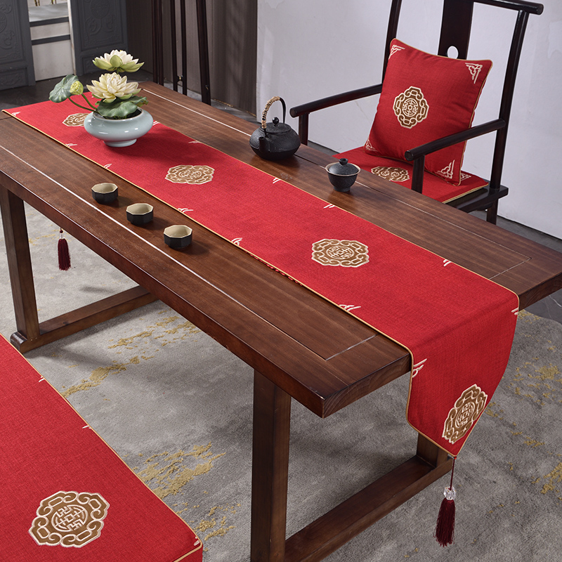 新中式桌旗禅意茶席中国风红木茶台长条布茶几茶布茶旗棉麻刺绣