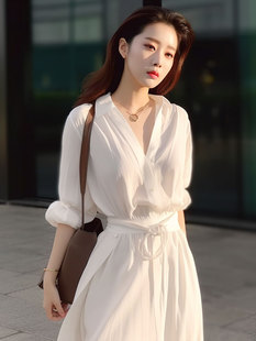 2024欧货女装高端精致法式白色衬衫连衣裙通勤气质长裙女春夏新款