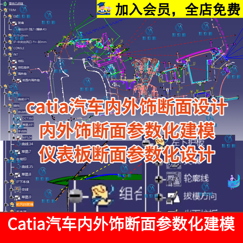 catia汽车内外饰断面设计内外饰断面参数化建模仪表板断面参数化