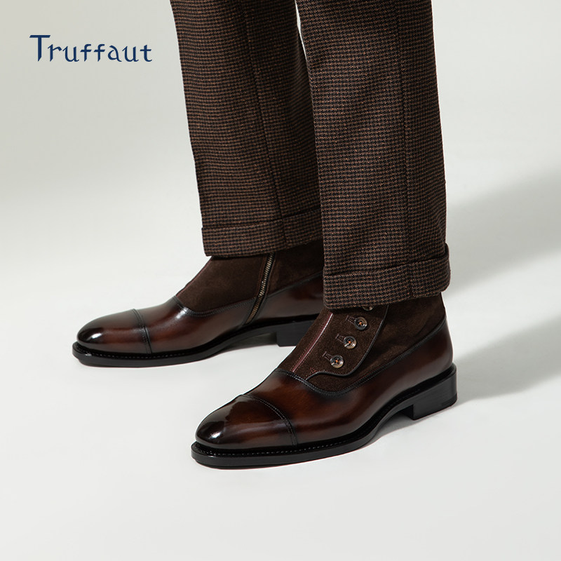 truffaut绅士纽扣靴手工固特异皮靴男英伦商务真皮正装短靴秋冬