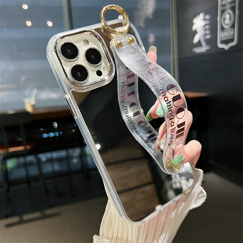 适用奢华补妆镜苹果15Promax手机壳斜挎挂绳iPhone14Promax腕带支架13PM背带12硅胶11防摔XS保护套镜面女外壳