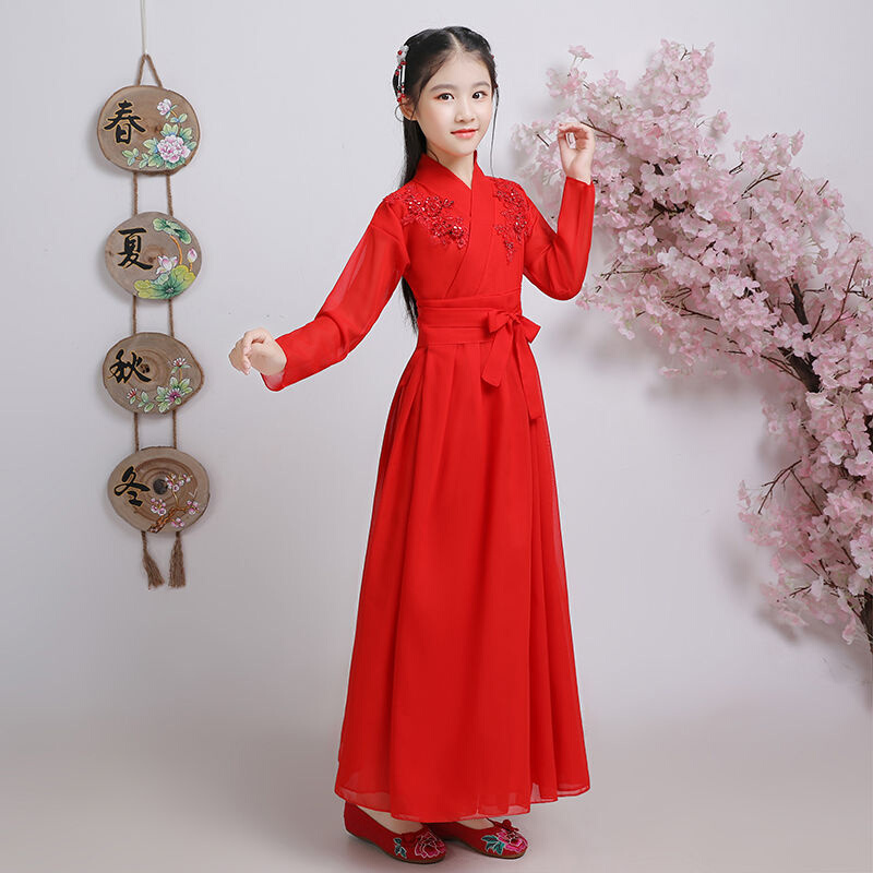 儿童古代服装仙B女服女童汉服中国风公主飘逸古筝表演服亲子古装