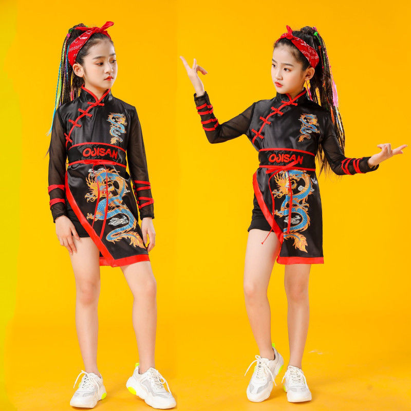 女童中国风爵士舞时尚嘻哈走秀服装复古旗袍雪龙吟打鼓演出服套装